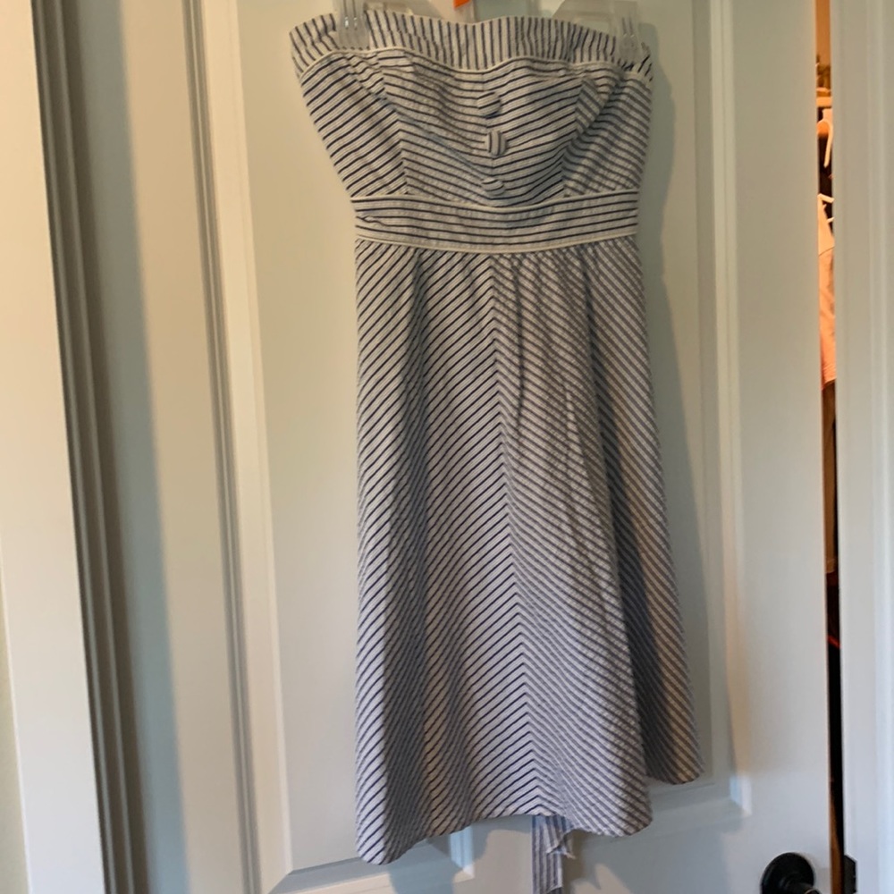 Blue & White Striped Strapless Summer Dress Womens Size 7 Baby Doll Dress
